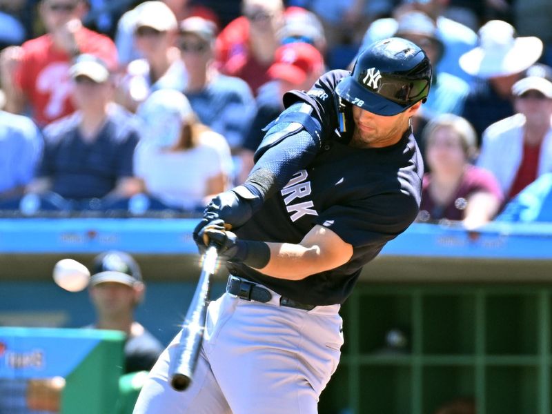 Mar 10, 2026; Clearwater, Florida, USA; New York Yankees center fielder Spencer Jones (78) hits a solo home run in the second inning against the Philadelphia Phillies during spring training at BayCare Ballpark. Mandatory Credit: Jonathan Dyer-Imagn Images