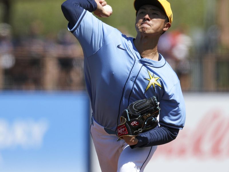 Mar 15, 2024; Port Charlotte, Florida, USA;  Tampa Bay Rays pitcher Naoyuki Uwasawa (36) throws a pitch against the Baltimore Orioles in the third inning at Charlotte Sports Park. Mandatory Credit: Nathan Ray Seebeck-USA TODAY Sports