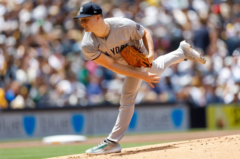 May 26, 2024; San Diego, California, USA; New York Yankees starting pitcher Clarke Schmidt (36) throws a pitch in the first inning against the San Diego Padres at Petco Park. Mandatory Credit: David Frerker-USA TODAY Sports