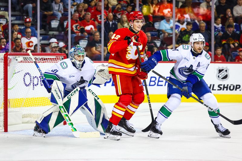 Sep 28, 2024; Calgary, Alberta, CAN; Calgary Flames left wing Samuel Honzek (42) screens in front of Vancouver Canucks goaltender Arturs Silovs (31) during the second period at Scotiabank Saddledome. Mandatory Credit: Sergei Belski-Imagn Images