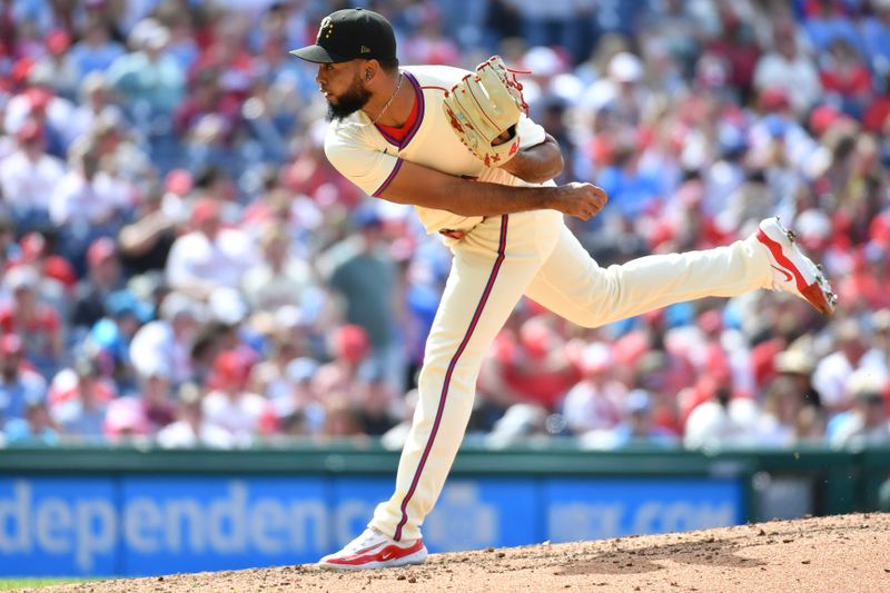 May 19, 2024; Philadelphia, Pennsylvania, USA; Philadelphia Phillies pitcher Seranthony Domínguez (58) follows through on a pitch during the eighth inning against the Washington Nationals at Citizens Bank Park. Mandatory Credit: Eric Hartline-USA TODAY Sports