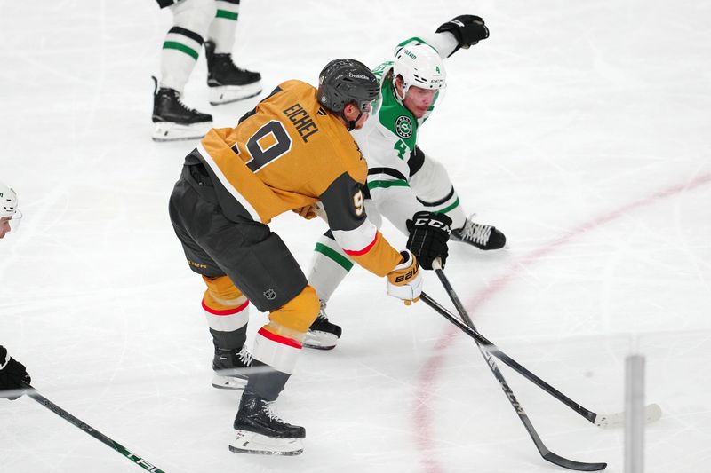 Dec 6, 2024; Las Vegas, Nevada, USA; Dallas Stars defenseman Miro Heiskanen (4) defends against a pass attempt by Vegas Golden Knights center Jack Eichel (9) during the third period at T-Mobile Arena. Mandatory Credit: Stephen R. Sylvanie-Imagn Images