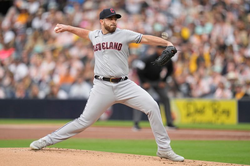 Jun 14, 2023; San Diego, California, USA;  Cleveland Guardians starting pitcher Aaron Civale (43) throws a pitch against the San Diego Padres during the first inning at Petco Park. Mandatory Credit: Ray Acevedo-USA TODAY Sports