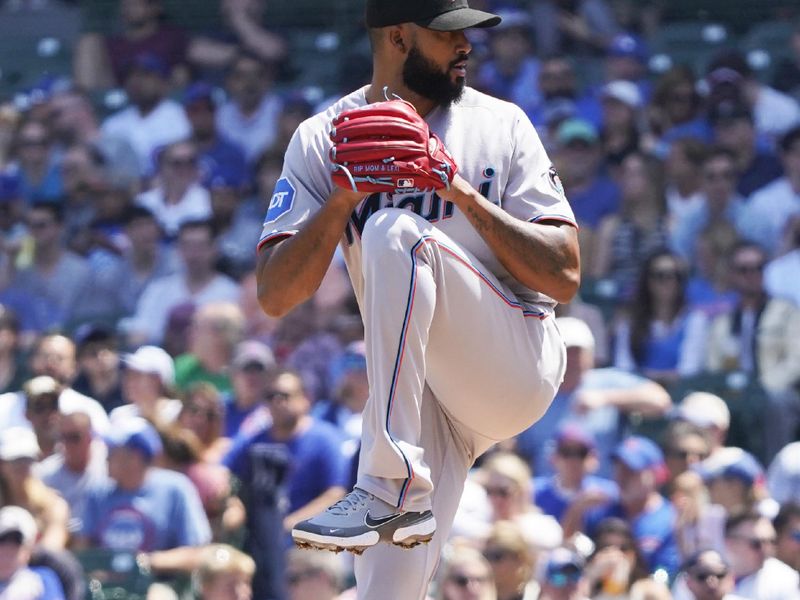 May 7, 2023; Chicago, Illinois, USA; Miami Marlins starting pitcher Sandy Alcantara (22) throws the ball against the Chicago Cubs during the first inning at Wrigley Field. Mandatory Credit: David Banks-USA TODAY Sports