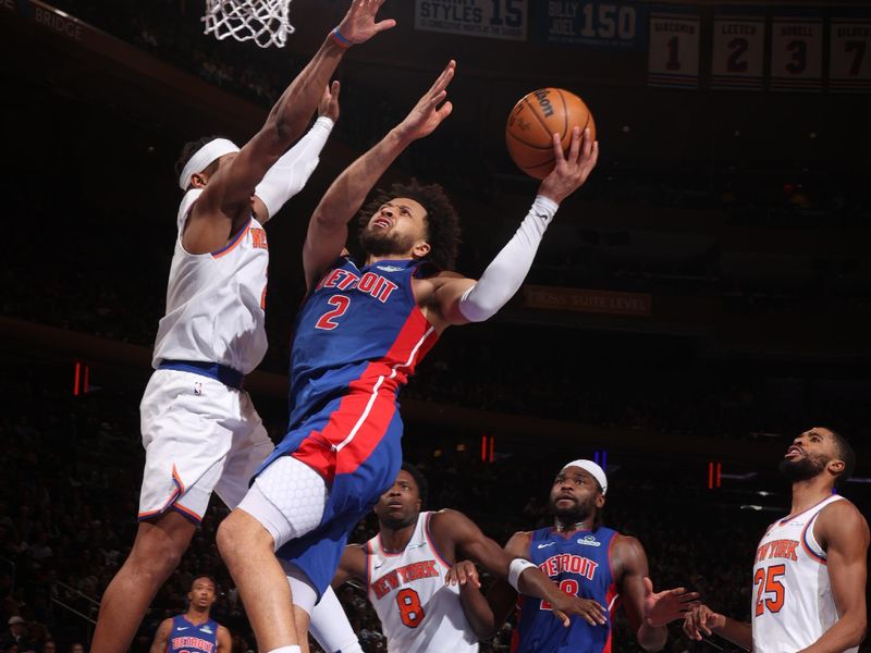 NEW YORK, NY - JANUARY 13: Cade Cunningham #2 of the Detroit Pistons drives to the basket during the game against the New York Knicks on January 13, 2025 at Madison Square Garden in New York City, New York.  NOTE TO USER: User expressly acknowledges and agrees that, by downloading and or using this photograph, User is consenting to the terms and conditions of the Getty Images License Agreement. Mandatory Copyright Notice: Copyright 2025 NBAE  (Photo by Nathaniel S. Butler/NBAE via Getty Images)