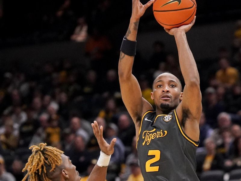 Feb 20, 2024; Columbia, Missouri, USA; Missouri Tigers guard Tamar Bates (2) shoots over Tennessee Volunteers guard Jahmai Mashack (15) during the first half at Mizzou Arena. Mandatory Credit: Denny Medley-USA TODAY Sports