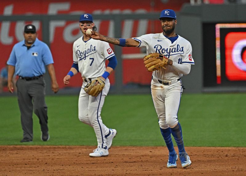 Jul 2, 2024; Kansas City, Missouri, USA;  Kansas City Royals second baseman Maikel Garcia (11) throws the ball to first base for an out in the third inning against the Tampa Bay Rays at Kauffman Stadium. Mandatory Credit: Peter Aiken-USA TODAY Sports