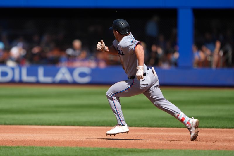 Aug 31, 2025; New York City, New York, USA; Miami Marlins center fielder Jalob Marsee (87) hits a double against the New York Mets during the third inning at Citi Field. Mandatory Credit: Gregory Fisher-Imagn Images