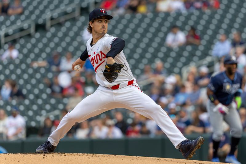 Jun 19, 2024; Minneapolis, Minnesota, USA; Minnesota Twins starting pitcher Joe Ryan (41) delivers a pitch against the Tampa Bay Rays in the first inning at Target Field. Mandatory Credit: Jesse Johnson-USA TODAY Sports