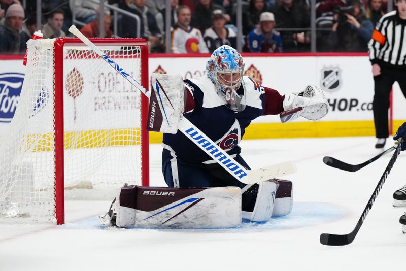 Mar 4, 2024; Denver, Colorado, USA; Colorado Avalanche goaltender Justus Annunen (60) during the third period against the Chicago Blackhawks at Ball Arena. Mandatory Credit: Ron Chenoy-USA TODAY Sports