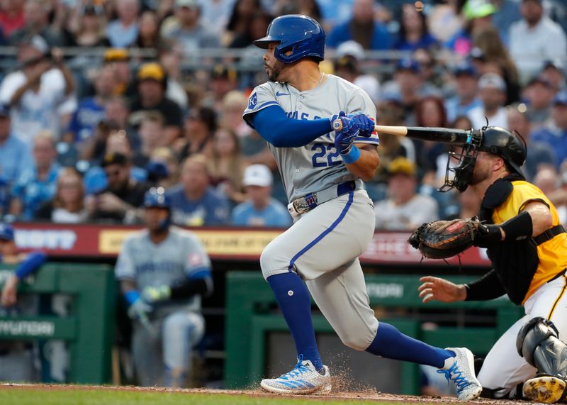 Sep 13, 2024; Pittsburgh, Pennsylvania, USA;  Kansas City Royals left fielder Tommy Pham (22) hits a two run single against the Pittsburgh Pirates during the second inning at PNC Park. Mandatory Credit: Charles LeClaire-Imagn Images