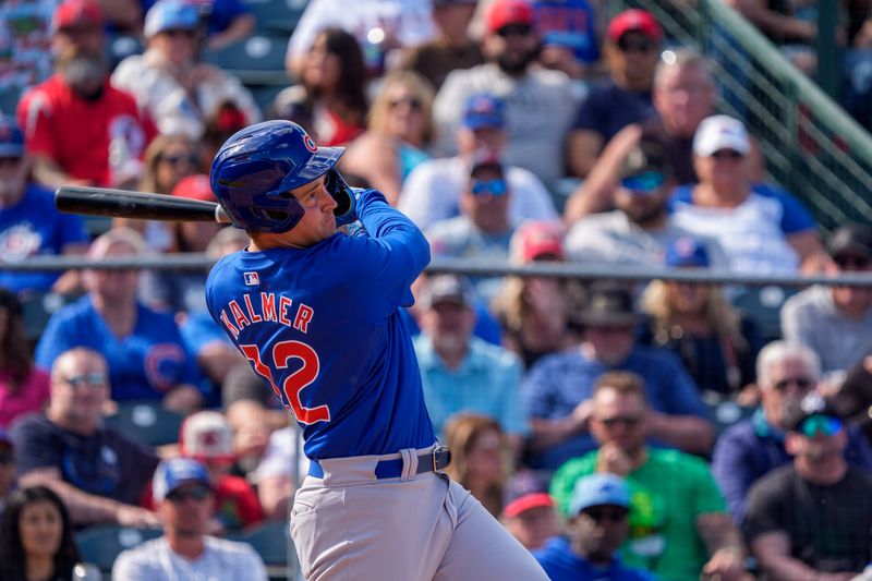 Mar 16, 2024; Tempe, Arizona, USA; Chicago Cubs infielder Brian Kalmer (12) at bat in the seventh inning during a spring training game against the Los Angeles Angels at Tempe Diablo Stadium. Mandatory Credit: Allan Henry-USA TODAY Sports