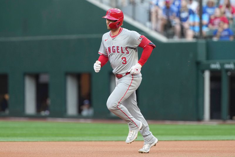 Sep 7, 2024; Arlington, Texas, USA; Los Angeles Angels left fielder Taylor Ward (3) circles the bases after hitting a home run against the Texas Rangers during the first inning at Globe Life Field. Mandatory Credit: Jim Cowsert-Imagn Images