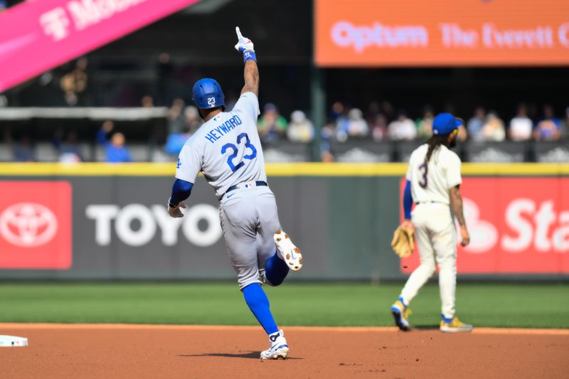 Sep 17, 2023; Seattle, Washington, USA; Los Angeles Dodgers right fielder Jason Heyward (23) celebrates after hitting a home run against the Seattle Mariners during the first inning at T-Mobile Park. Mandatory Credit: Steven Bisig-USA TODAY Sports