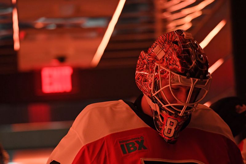 Jan 7, 2025; Philadelphia, Pennsylvania, USA; Philadelphia Flyers goaltender Ivan Fedotov (82) waits in the tunnel before warmups against the Toronto Maple Leafs at Wells Fargo Center. Mandatory Credit: Eric Hartline-Imagn Images