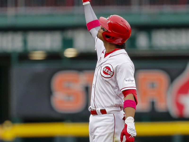 May 7, 2023; Cincinnati, Ohio, USA; Cincinnati Reds shortstop Jose Barrero (2) reacts after hitting a double against the Chicago White Sox in the sixth inning at Great American Ball Park. Mandatory Credit: Katie Stratman-USA TODAY Sports