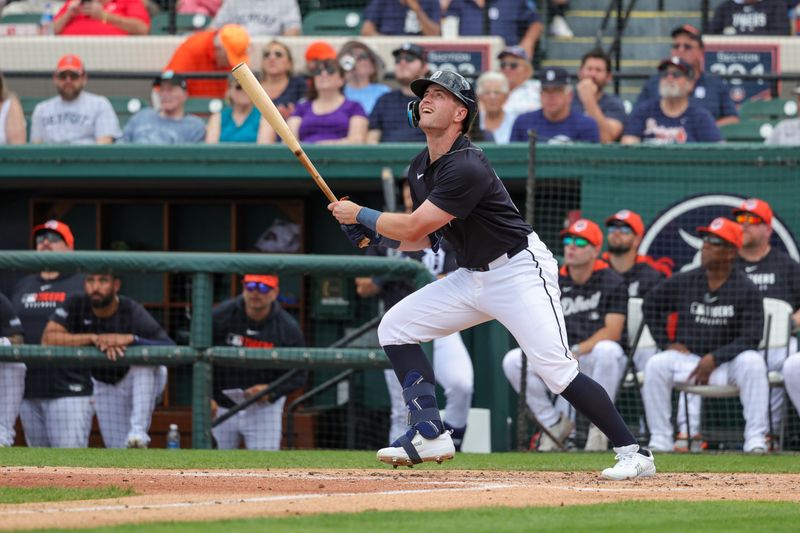 Feb 27, 2025; Lakeland, Florida, USA; Detroit Tigers third baseman Jace Jung (17) watches a fly ball during the second inning against the Boston Red Sox at Publix Field at Joker Marchant Stadium. Mandatory Credit: Mike Watters-Imagn Images