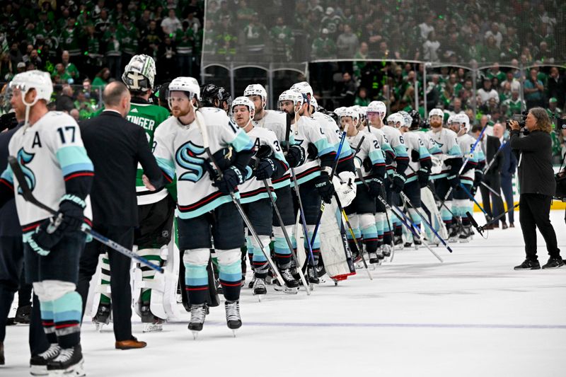 May 15, 2023; Dallas, Texas, USA; The Dallas Stars and the Seattle Kraken shake hands after the Stars defeat the Kraken in game seven of the second round of the 2023 Stanley Cup Playoffs at the American Airlines Center. Mandatory Credit: Jerome Miron-USA TODAY Sports