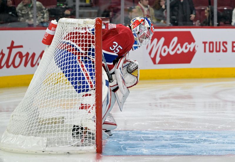 Dec 7, 2023; Montreal, Quebec, CAN; Montreal Canadiens goalie Sam Montembeault (35) during the third period of the game against the Los Angeles Kings at the Bell Centre. Mandatory Credit: Eric Bolte-USA TODAY Sports