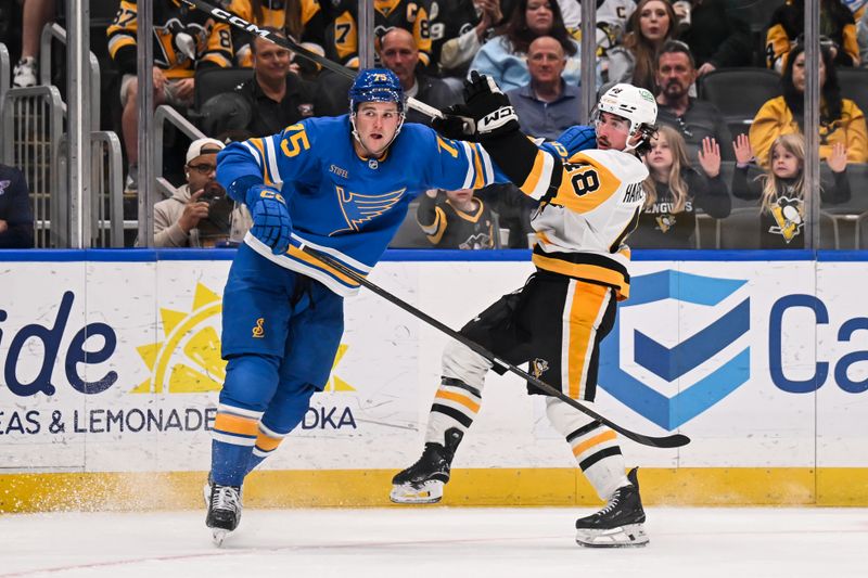 Apr 14, 2026; St. Louis, Missouri, USA; St. Louis Blues defenseman Tyler Tucker (75) defends against Pittsburgh Penguins left wing Rafael Harvey-Pinard (48) during the third period at Enterprise Center. Mandatory Credit: Connor Hamilton-Imagn Images