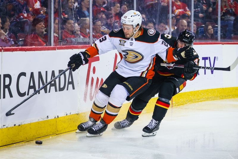 Apr 2, 2024; Calgary, Alberta, CAN; Anaheim Ducks center Mason McTavish (23) and Calgary Flames defenseman Joel Hanley (44) battles for the puck during the first period at Scotiabank Saddledome. Mandatory Credit: Sergei Belski-USA TODAY Sports