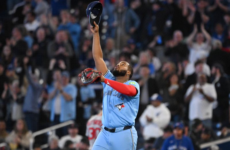 May 1, 2025; Toronto, Ontario, CAN;  Toronto Blue Jays first baseman Vladimir Guerrero Jr. (27) celebrates after a win over the Boston Red Sox at Rogers Centre. Mandatory Credit: Dan Hamilton-Imagn Images