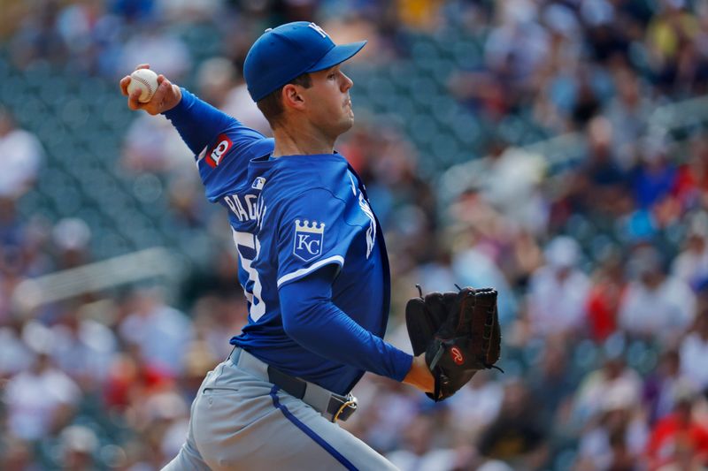 Aug 14, 2024; Minneapolis, Minnesota, USA; Kansas City Royals starting pitcher Cole Ragans (55) throws against the Minnesota Twins in the fourth inning at Target Field. Mandatory Credit: Bruce Kluckhohn-USA TODAY Sports