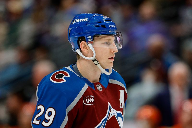 Jan 21, 2026; Denver, Colorado, USA; Colorado Avalanche center Nathan MacKinnon (29) in the third period against the Anaheim Ducks at Ball Arena. Mandatory Credit: Isaiah J. Downing-Imagn Images