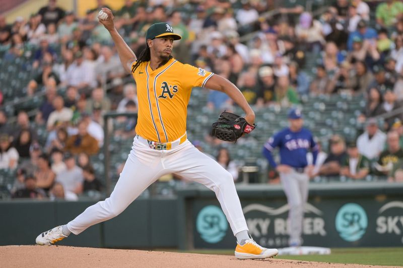 Apr 22, 2025; West Sacramento, California, USA; Athletics pitcher Osvaldo Bido (45) throws a pitch during the first inning of the game against the Texas Rangers at Sutter Health Park. Mandatory Credit: Ed Szczepanski-Imagn Images