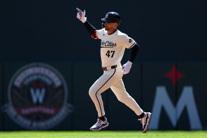 Apr 10, 2024; Minneapolis, Minnesota, USA; Minnesota Twins Edouard Julien (47) runs the bases after hitting a solo home run against the Los Angeles Dodgers during the first inning at Target Field. Mandatory Credit: Matt Krohn-USA TODAY Sports