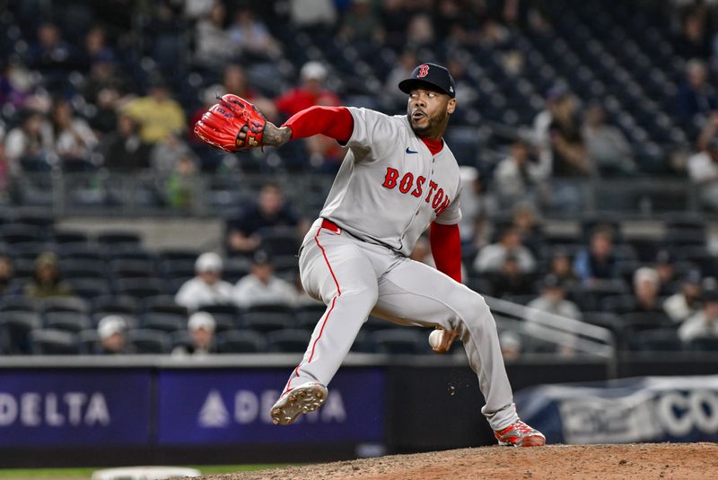 Jun 8, 2025; Bronx, New York, USA; Boston Red Sox pitcher Aroldis Chapman (44) pitches against the New York Yankees during the ninth inning at Yankee Stadium. Mandatory Credit: John Jones-Imagn Images