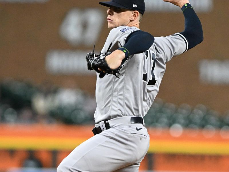 Aug 30, 2023; Detroit, Michigan, USA; New York Yankees relief pitcher Ian Hamilton (71) throws a pitch against the Detroit Tigers in the ninth inning at Comerica Park. Mandatory Credit: Lon Horwedel-USA TODAY Sports