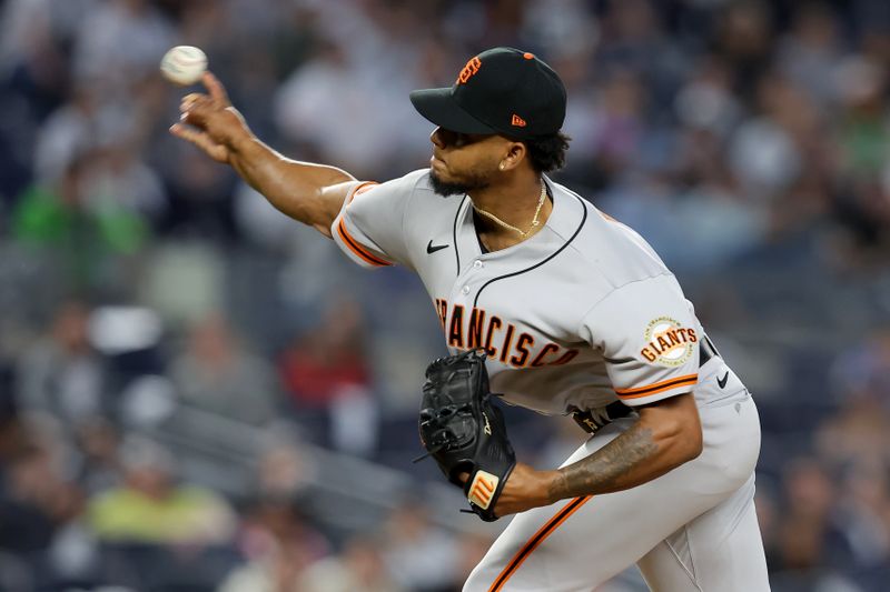 Apr 1, 2023; Bronx, New York, USA; San Francisco Giants relief pitcher Camilo Doval (75) pitches against the New York Yankees during the ninth inning at Yankee Stadium. Mandatory Credit: Brad Penner-USA TODAY Sports