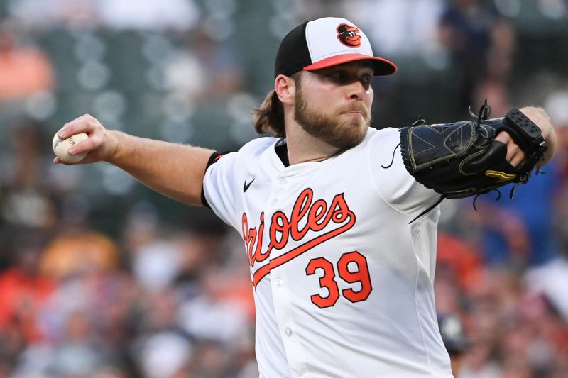 May 1, 2024; Baltimore, Maryland, USA;  Baltimore Orioles pitcher Corbin Burnes (39) throws a third inning pitch against the New York Yankees at Oriole Park at Camden Yards. Mandatory Credit: Tommy Gilligan-USA TODAY Sports