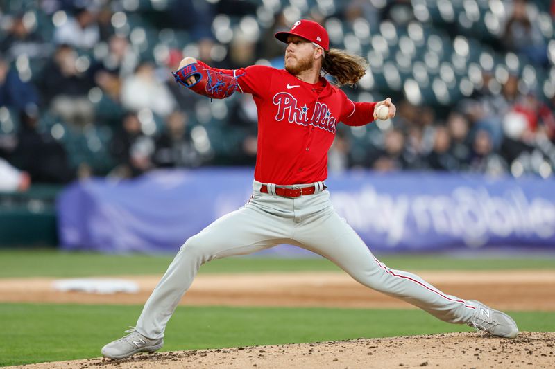 Apr 18, 2023; Chicago, Illinois, USA; Philadelphia Phillies starting pitcher Bailey Falter (70) delivers against the Chicago White Sox during the second inning of game two of the doubleheader at Guaranteed Rate Field. Mandatory Credit: Kamil Krzaczynski-USA TODAY Sports