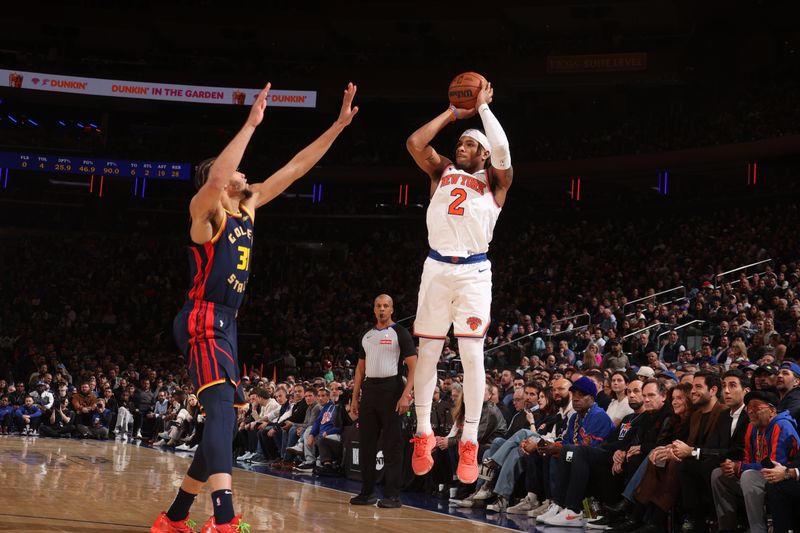 NEW YORK, NY - MARCH 4: Miles McBride #2 of the New York Knicks shoots a three point basket during the game against the Golden State Warriors on March 4, 2025 at Madison Square Garden in New York City, New York.  NOTE TO USER: User expressly acknowledges and agrees that, by downloading and or using this photograph, User is consenting to the terms and conditions of the Getty Images License Agreement. Mandatory Copyright Notice: Copyright 2025 NBAE  (Photo by Nathaniel S. Butler/NBAE via Getty Images)