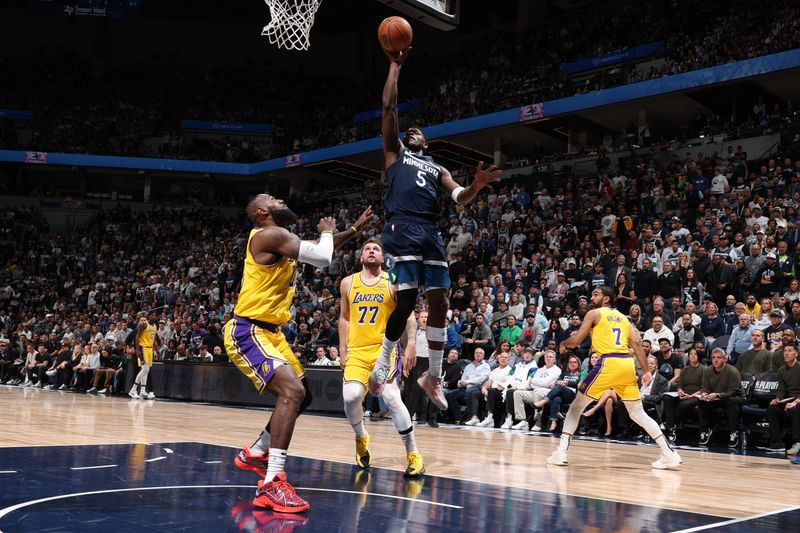 MINNEAPOLIS, MN -  APRIL 25:    Anthony Edwards #5 of the Minnesota Timberwolves shoots the ball during the game against the Los Angeles Lakers  during Round 1 Game 3 of the 2025 NBA Playoffs  on April 25, 2025 at Target Center in Minneapolis, Minnesota. NOTE TO USER: User expressly acknowledges and agrees that, by downloading and or using this Photograph, user is consenting to the terms and conditions of the Getty Images License Agreement. Mandatory Copyright Notice: Copyright 2025 NBAE (Photo by David Sherman/NBAE via Getty Images)