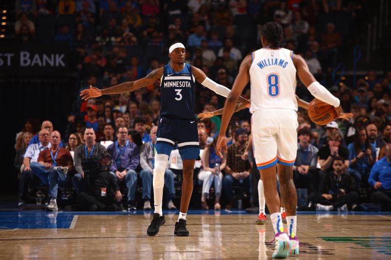 OKLAHOMA CITY, OK - FEBRUARY 24:  Jaden McDaniels #3 of the Minnesota Timberwolves plays defense during the game against the Oklahoma City Thunder on February 24, 2025 at Paycom Center in Oklahoma City, Oklahoma. NOTE TO USER: User expressly acknowledges and agrees that, by downloading and or using this photograph, User is consenting to the terms and conditions of the Getty Images License Agreement. Mandatory Copyright Notice: Copyright 2025 NBAE (Photo by Zach Beeker/NBAE via Getty Images)