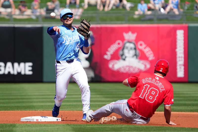 Mar 13, 2024; Surprise, Arizona, USA; Kansas City Royals second baseman Michael Massey (19) throws to first base after forcing out Los Angeles Angels first baseman Nolan Schanuel (18) at second base  during the first inning at Surprise Stadium. Mandatory Credit: Joe Camporeale-USA TODAY Sports