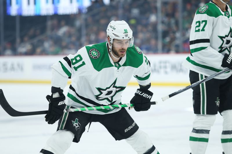 Nov 11, 2023; Winnipeg, Manitoba, CAN;  Dallas Stars forward Tyler Seguin (91) waits for the face-off against the Winnipeg Jets during the first period at Canada Life Centre. Mandatory Credit: Terrence Lee-USA TODAY Sports