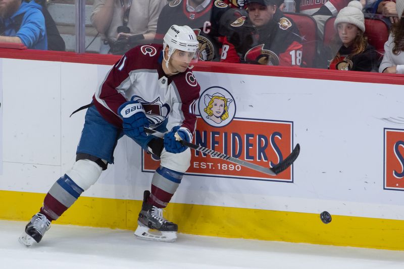 Jan 16, 2024; Ottawa, Ontario, CAN; Colorado Avalanche center Andrew Cogliano (11) shoots the puck in the third period against the Ottawa Senators at the Canadian Tire Centre. Mandatory Credit: Marc DesRosiers-USA TODAY Sports