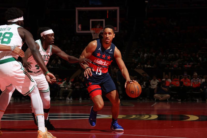 WASHINGTON, DC -? NOVEMBER 22: Malcolm Brogdon #15 of the Washington Wizards dribbles the ball during the game against the Boston Celtics during the Emirates NBA Cup game on November 22, 2024 at Capital One Arena in Washington, DC. NOTE TO USER: User expressly acknowledges and agrees that, by downloading and or using this Photograph, user is consenting to the terms and conditions of the Getty Images License Agreement. Mandatory Copyright Notice: Copyright 2024 NBAE (Photo by Stephen Gosling/NBAE via Getty Images)