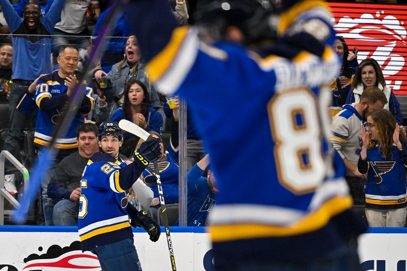 Apr 12, 2024; St. Louis, Missouri, USA;  St. Louis Blues center Jordan Kyrou (25) reacts after scoring a goal against the Carolina Hurricanes during the second period at Enterprise Center. Mandatory Credit: Jeff Curry-USA TODAY Sports