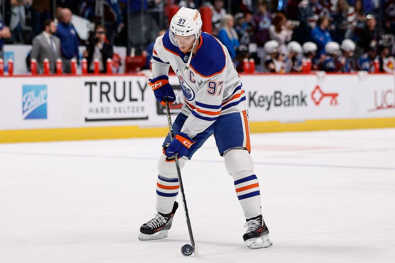 Apr 11, 2023; Denver, Colorado, USA; Edmonton Oilers center Connor McDavid (97) warms up before the game against the Colorado Avalanche at Ball Arena. Mandatory Credit: Isaiah J. Downing-USA TODAY Sports