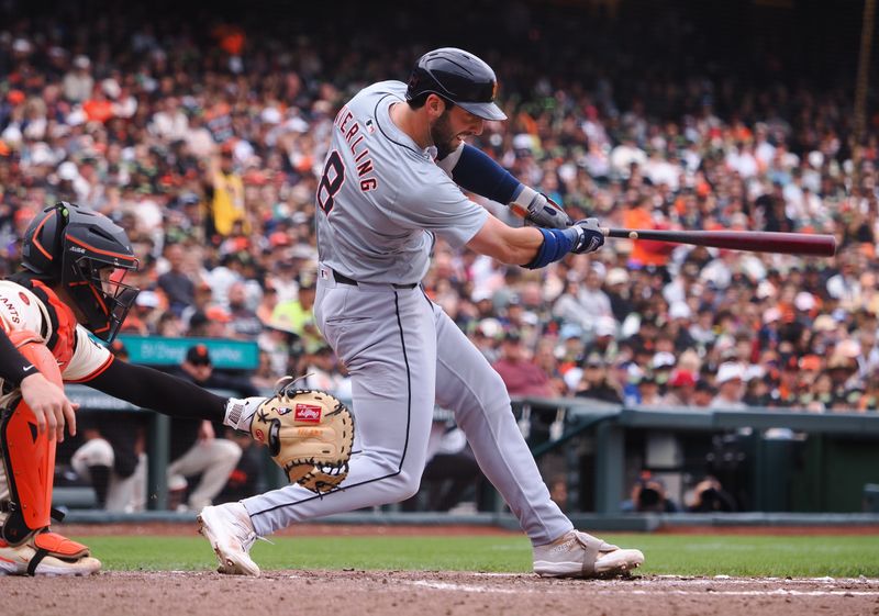 Aug 11, 2024; San Francisco, California, USA; Detroit Tigers designated hitter Matt Vierling (8) hits an RBI double against the San Francisco Giants during the fifth inning at Oracle Park. Mandatory Credit: Kelley L Cox-USA TODAY Sports