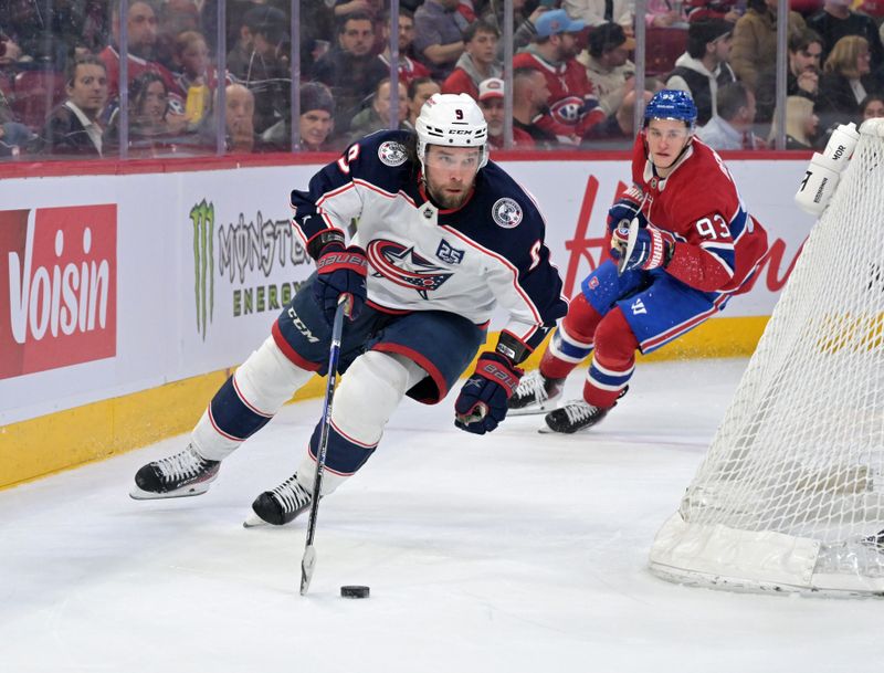 Mar 26, 2026; Montreal, Quebec, CAN; Columbus Blue Jackets defenseman Ivan Provorov (9) plays the puck and Montreal Canadiens forward Ivan Demidov (93) forechecks during the second period at the Bell Centre. Mandatory Credit: Eric Bolte-Imagn Images Mar 26, 2026; Montreal, Quebec, CAN; Columbus Blue Jackets defenseman Ivan Provorov (9) plays the puck and Montreal Canadiens forward Ivan Demidov (93) forechecks during the second period at the Bell Centre. Mandatory Credit: Eric Bolte-Imagn Images