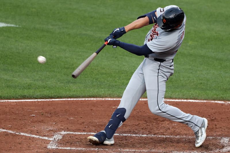 Jun 10, 2025; Baltimore, Maryland, USA; Detroit Tigers outfielder Riley Greene (31) hits a double during the fifth inning against the Baltimore Orioles at Oriole Park at Camden Yards. Mandatory Credit: Daniel Kucin Jr.-Imagn Images