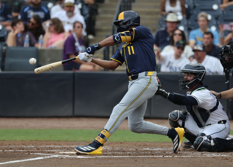 May 10, 2025; St. Petersburg, Florida, USA; Milwaukee Brewers outfielder Jackson Chourio (11) hits a home run against the Tampa Bay Rays during the third inning at George M. Steinbrenner Field. Mandatory Credit: Kim Klement Neitzel-Imagn Images