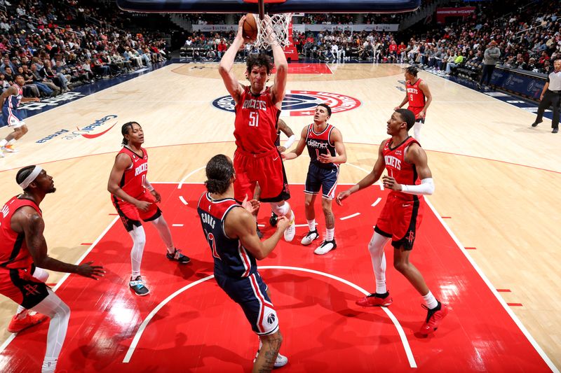 WASHINGTON, DC -? APRIL 9: Boban Marjanovic #51 of the Houston Rockets goes up for the rebound against the Washington Wizards on April 9, 2023 at Capital One Arena in Washington, DC. NOTE TO USER: User expressly acknowledges and agrees that, by downloading and or using this Photograph, user is consenting to the terms and conditions of the Getty Images License Agreement. Mandatory Copyright Notice: Copyright 2023 NBAE (Photo by Stephen Gosling/NBAE via Getty Images)