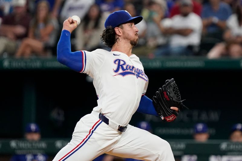 Jul 22, 2024; Arlington, Texas, USA; Texas Rangers starting pitcher Michael Lorenzen (23) throws to the plate during the first inning against the Chicago White Sox at Globe Life Field. Mandatory Credit: Raymond Carlin III-USA TODAY Sports